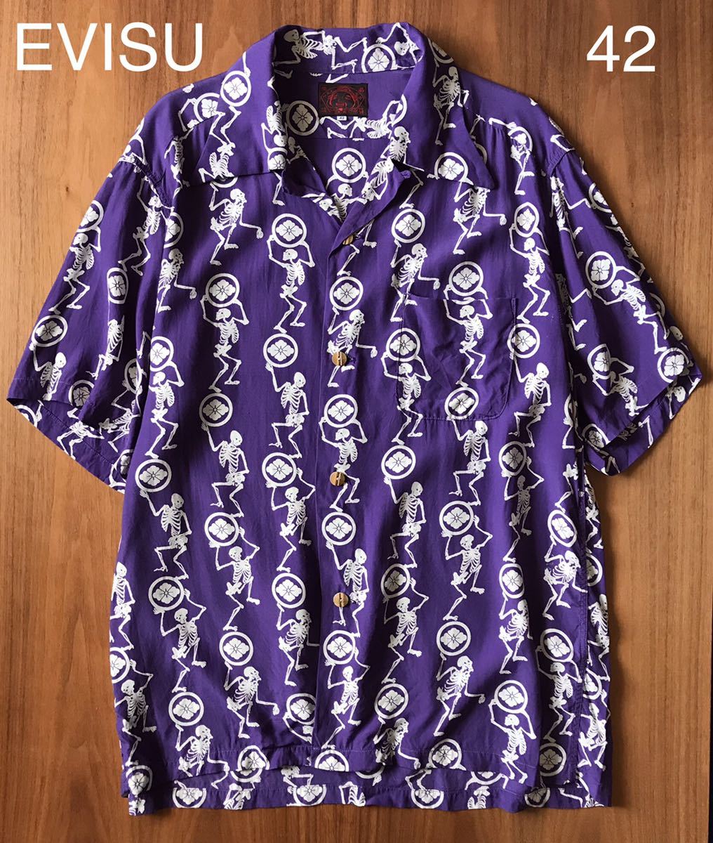 美品!【EVISU/エビス/エヴィス】半袖 開襟 シャツ レーヨン プリント 