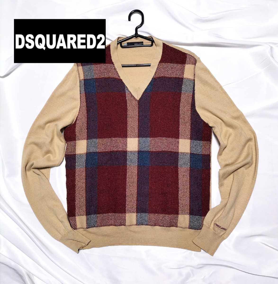 2026，定番人気 上質カシミヤブレンド 袖先ロゴ刺繍 size:M チェック柄切替Vネックニットセーター ベージュ DSQUARED2 ディースクエアード 151(その他)｜売買されたオークション情報、yahooの商品情報をアーカイ 男性用