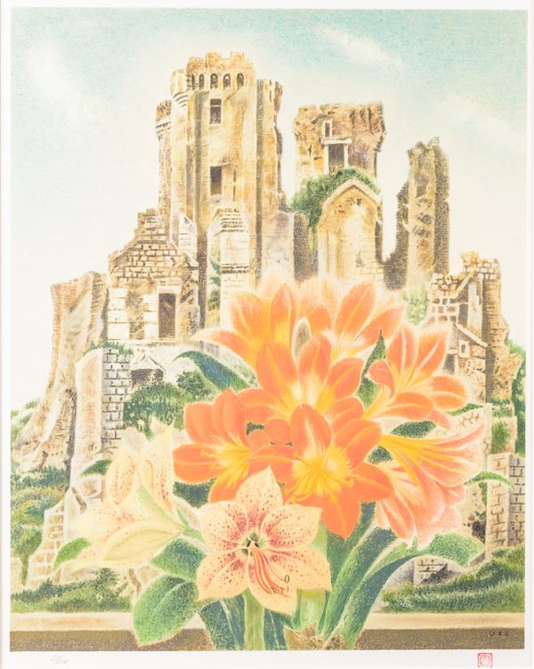 □ 岡鹿之助|花と廃墟|リトグラフ|印有|限定200|師:藤田嗣治/岡田
