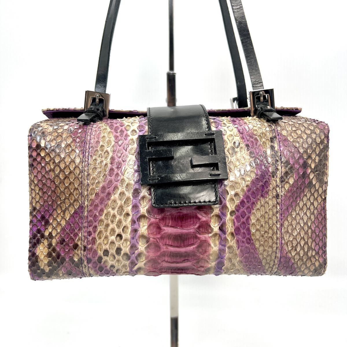 1円〜【幻の一点物】 FENDI フェンディ リアルパイソン ハンドバッグ マンマバケット ボックス型 レザー ロゴ 刻印 シリアル シルバー金具