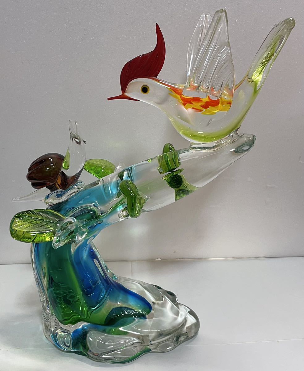 マルティグラス MalutiGlass カタツムリと鳥 ガラス置物 高さ32.5cm