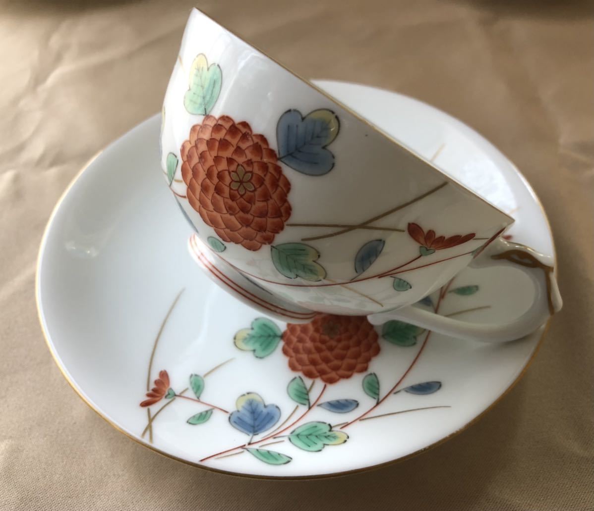 深川製磁 色絵 菊小鳥 紅茶碗揃 5客☆有田焼ティーカップ＆ソーサー 