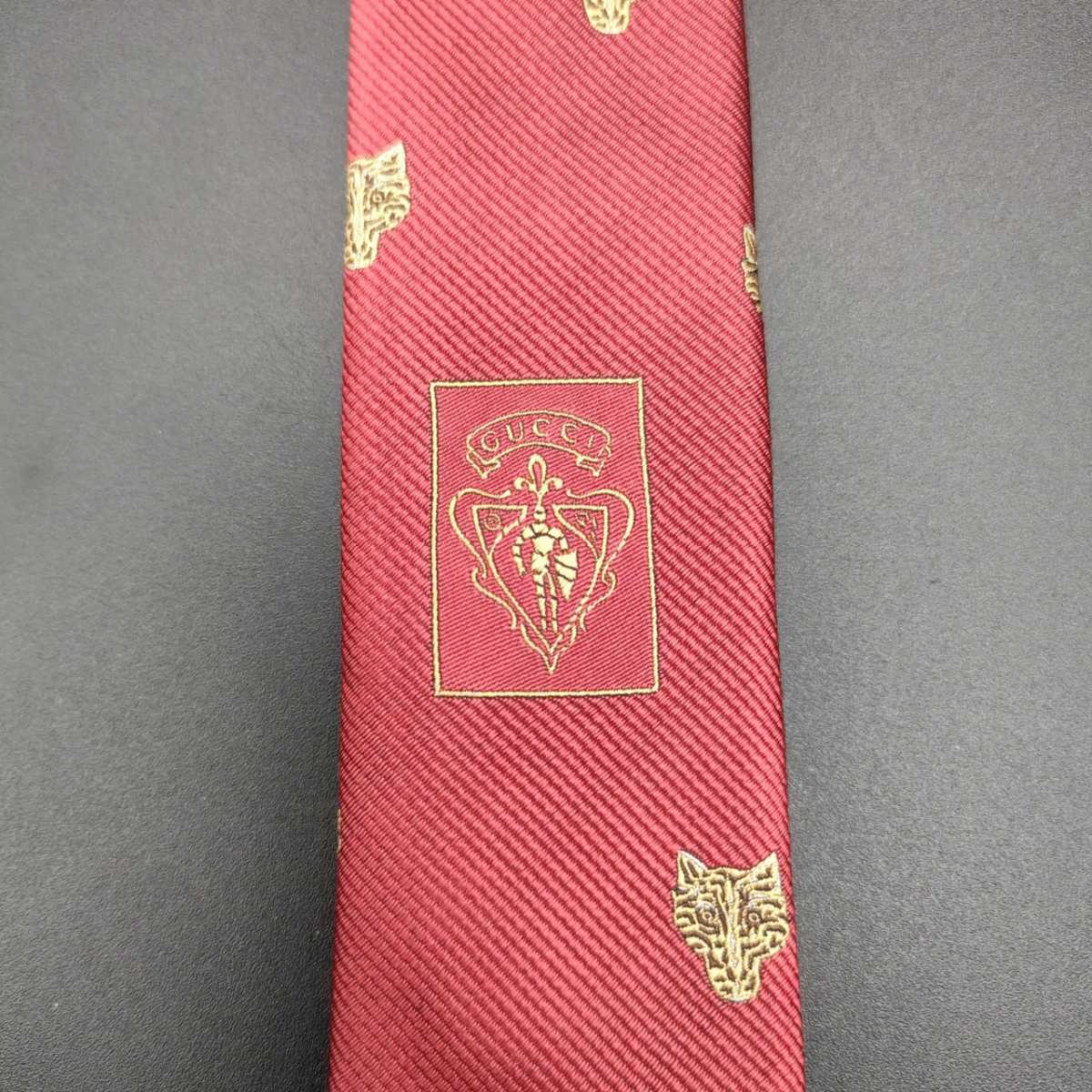1円出品 美品 GUCCI グッチ ネクタイ タイガー アニマル レッド 赤