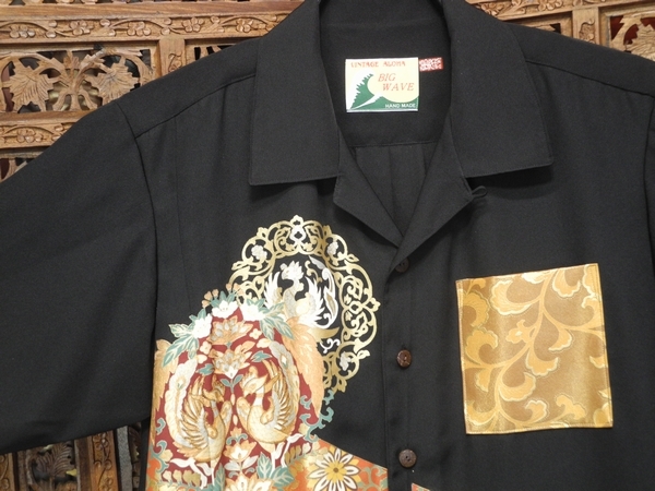 【BIG WAVE】唐草鳳凰 L 正絹 黒留袖 アロハシャツ★金駒刺繍の鳳凰 エキゾチックな唐草模様/和柄 着物アロハ★ハンドメイド 着物リメイク