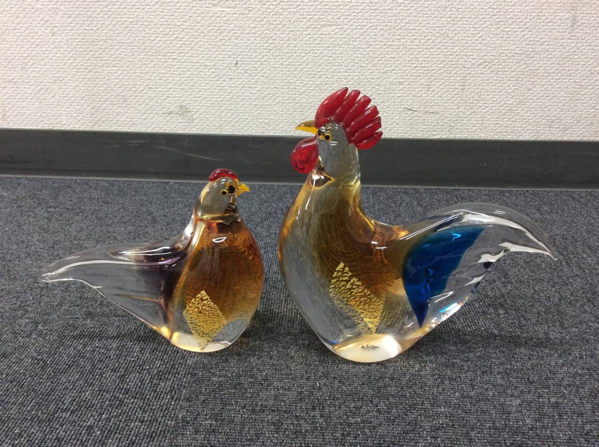 2235 Multi Glass マルティグラス 鳥 鶏 番 ペア 2匹 色 ガラス 細工