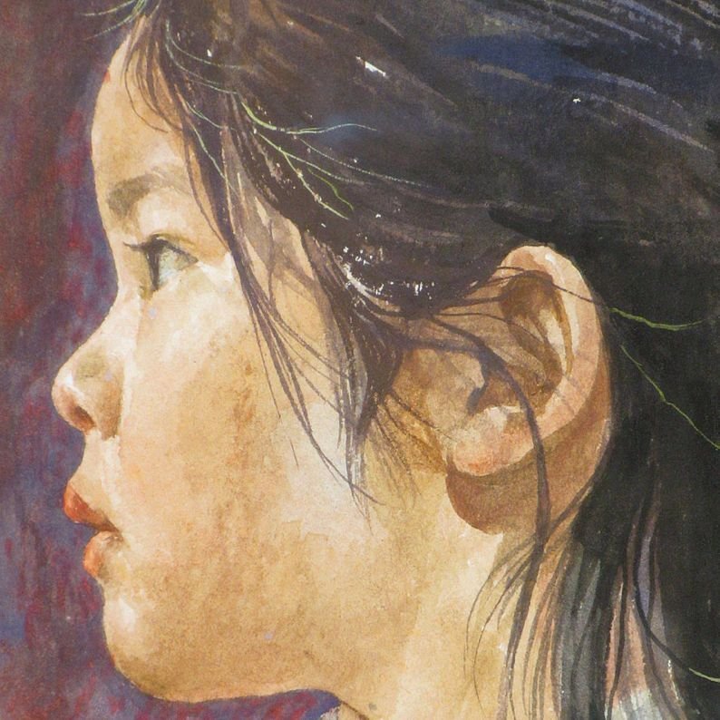 藤井勉　「少女」　額装２０号　油彩表現にも負けず劣らずの、およそ質感豊かな水彩画、驚嘆の表現力を誇る、藤井少女像の絶品です