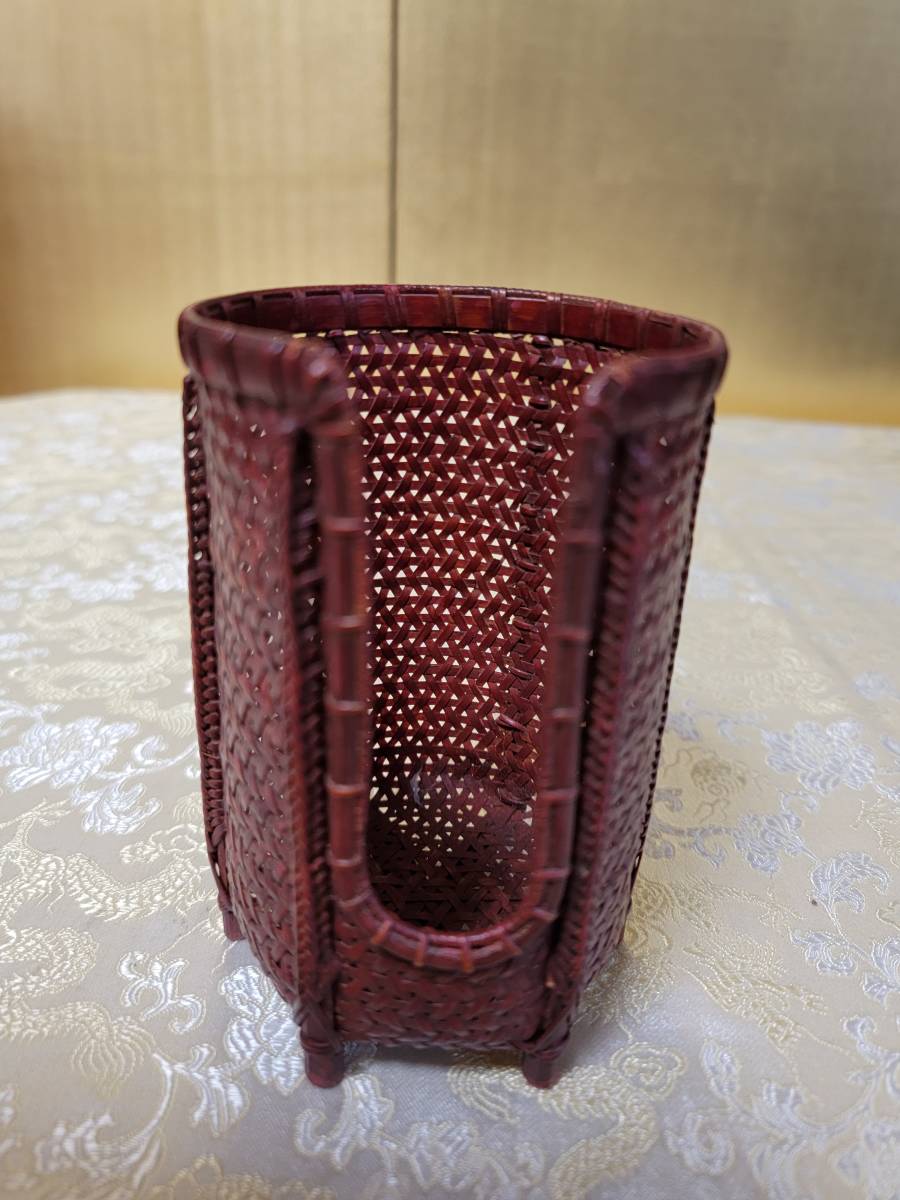 煎茶道具 巧芳斎造煤竹編六足碗筒 煎茶道具竹工芸