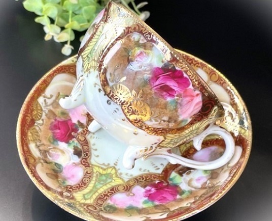 明治期輸出 卵殻手 エッグシェル 三つ脚 薔薇窓絵紋様図 モールド