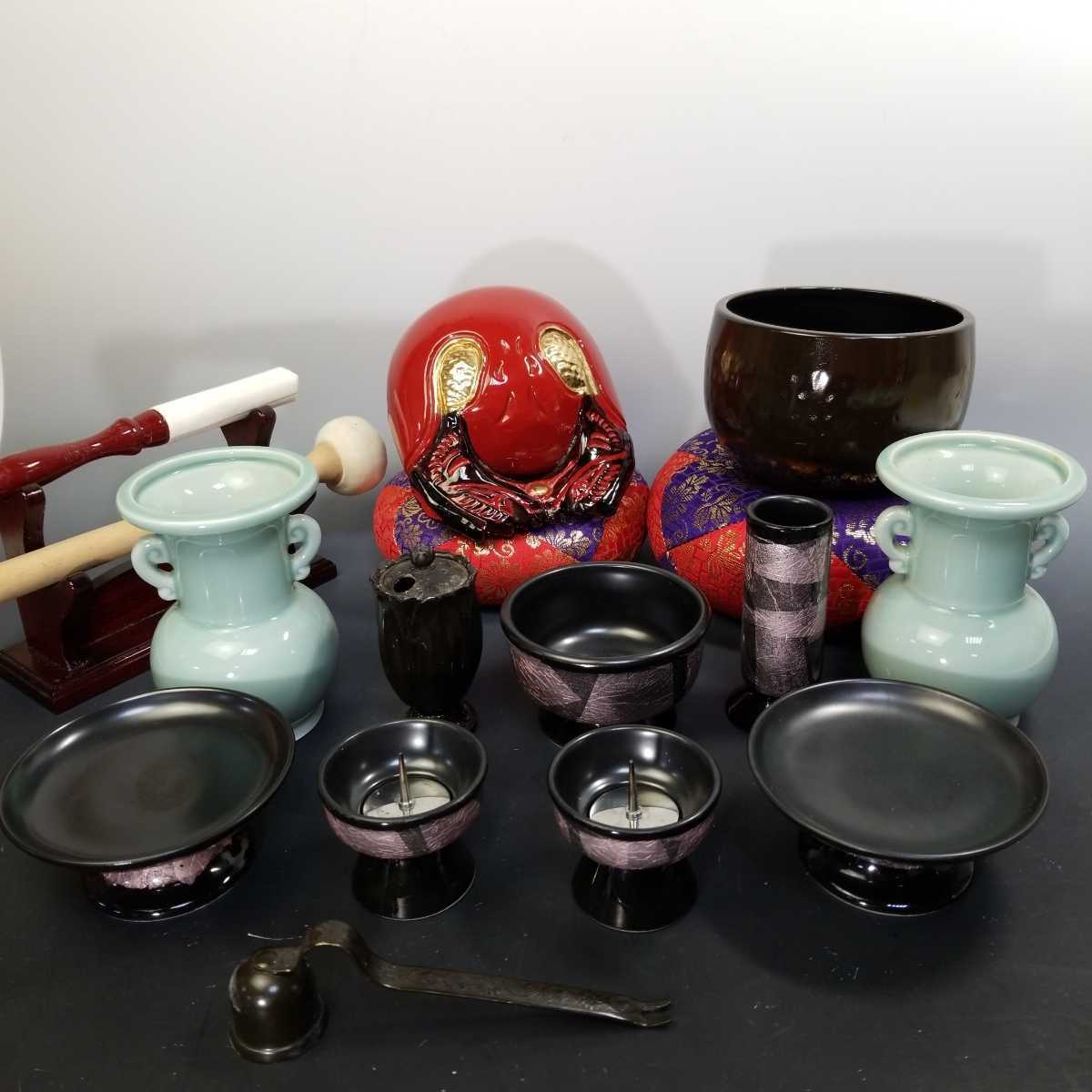 893【同梱NG】美品 仏具 一式 17点セット 九谷焼 宗秀 作 銀彩 花立 