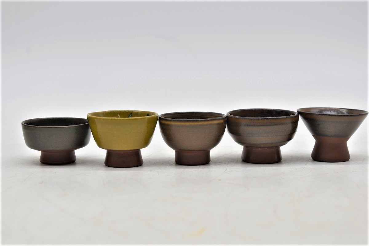 DH7-4【現状品】 佐渡 無名異焼 盃 酒器 形変わり盃5種 5客揃 お猪口 