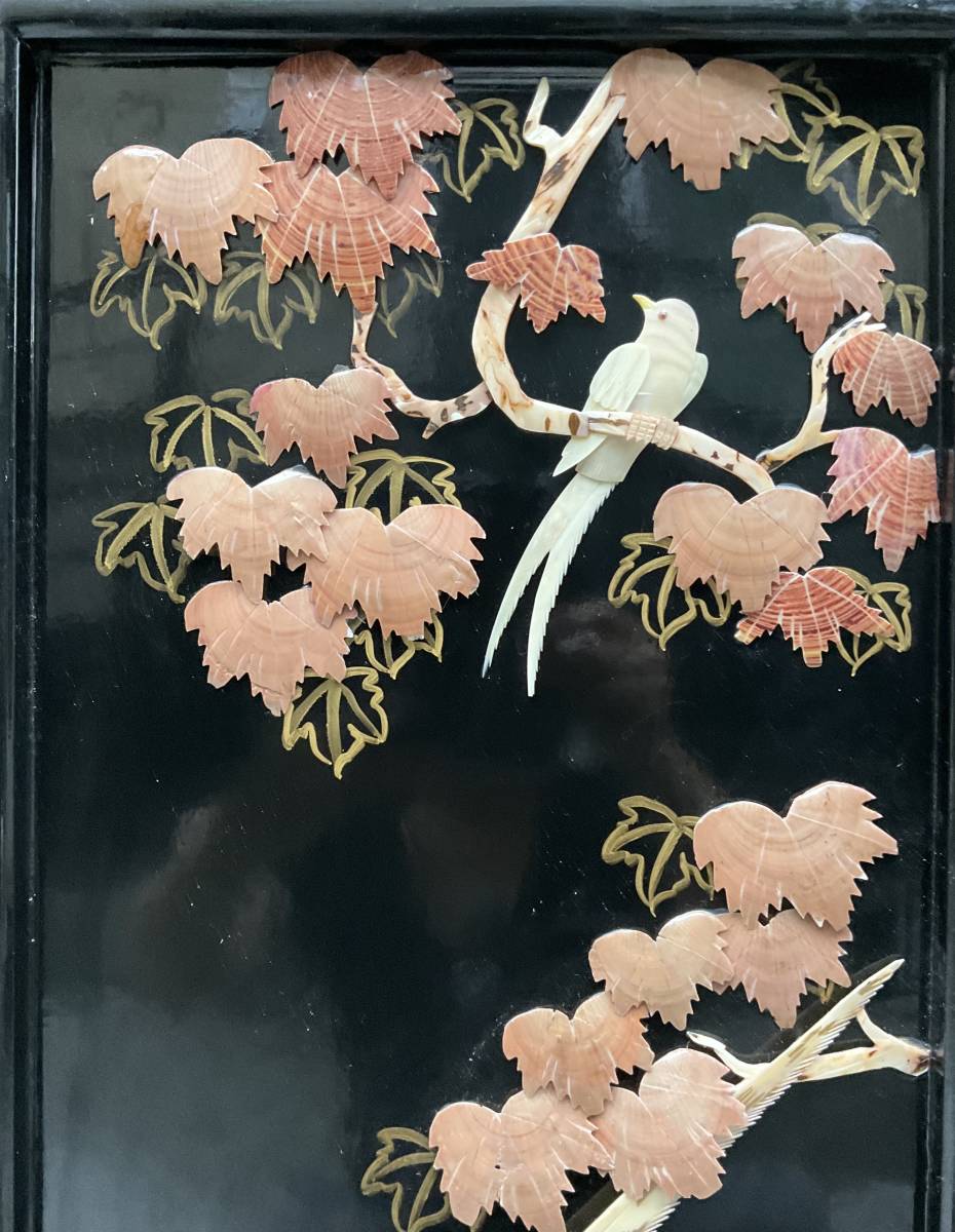 屏風 ☆螺鈿細工屏風 山水花鳥図 古美術 螺鈿細工 青貝 黒塗 本金 衝立