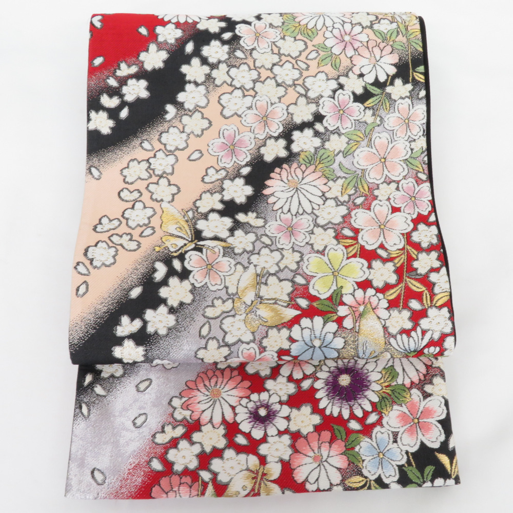 袋帯 正絹 振袖 華紋 桜 D640 袋帯 振袖用 蝶に桜文様 金糸 黒・赤色 六通柄 正絹 フォーマル 仕立て