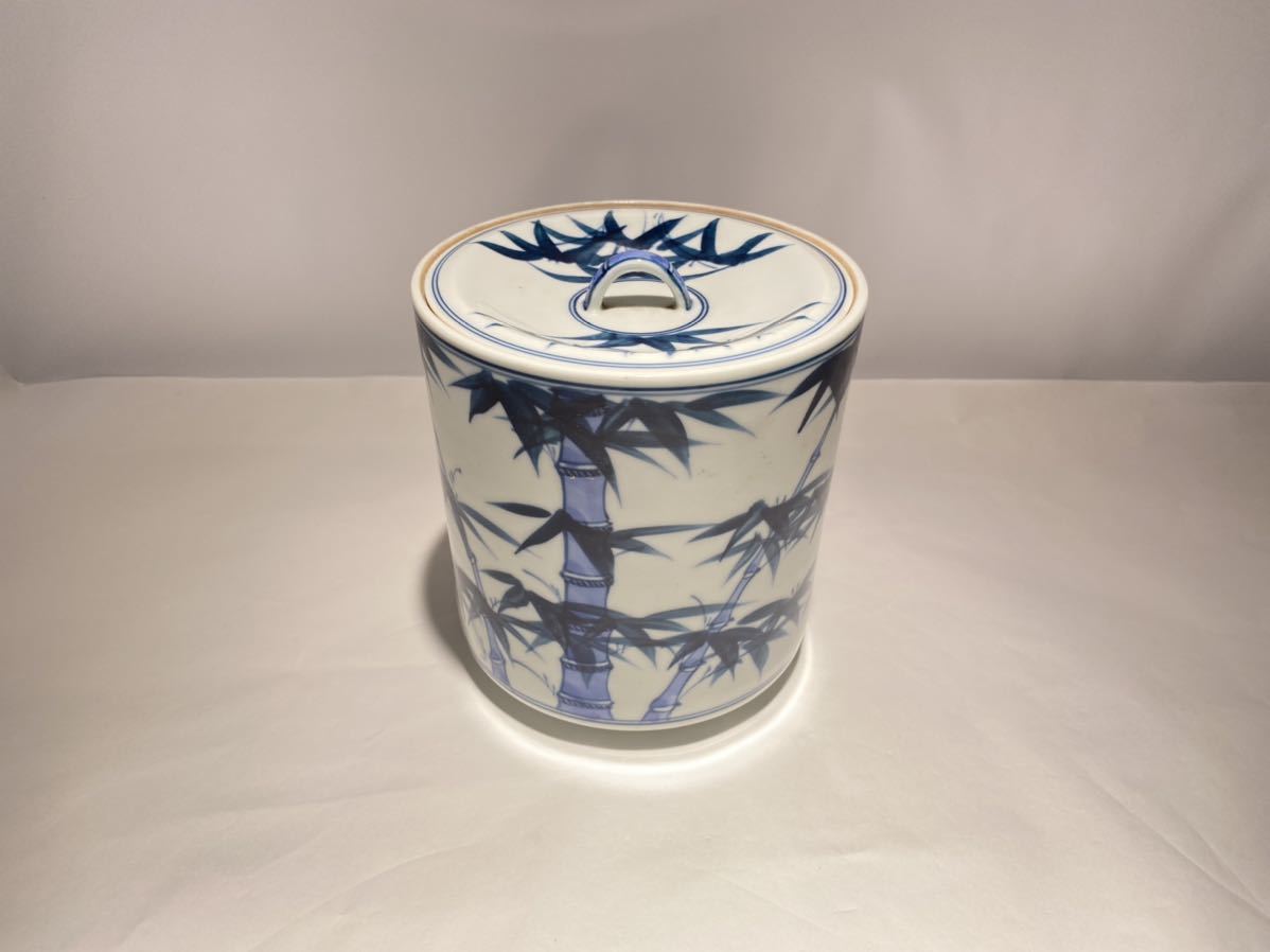 ★J1105 平安 春泉 水指 染付 竹紋 青花 青華 蓋付き 陶磁器 飾り物 茶道具 煎茶道具 在銘 高さ:約14cm 重さ:約992g