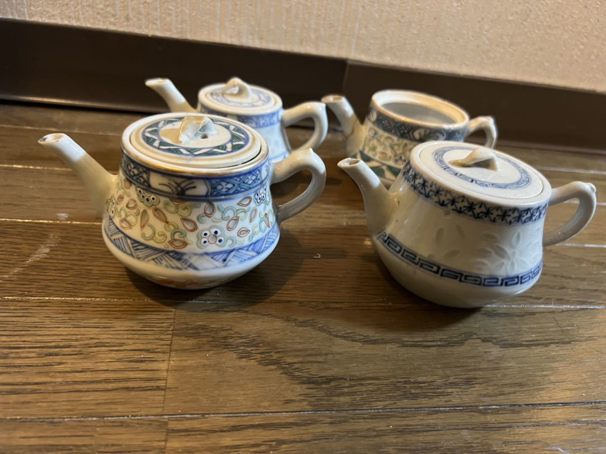 南京染付色絵蛍焼き急須 四つ 古伊万里 大清光緒年製銘 古美術 清朝期 
