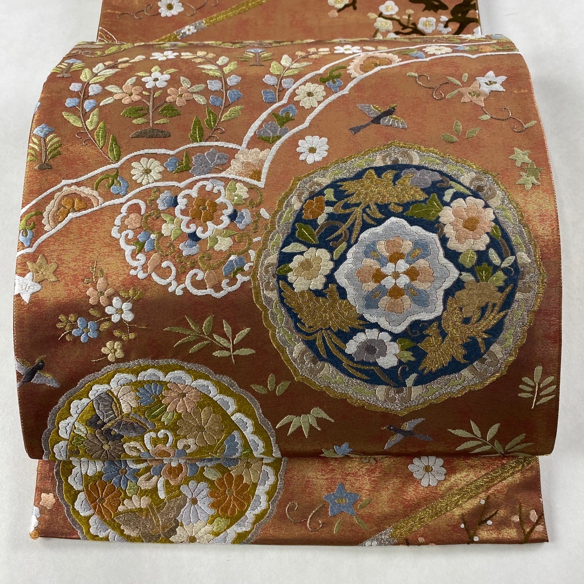 帯　着物　刺繍　金糸　銀糸　１２枚 袋帯 美品 逸品 鏡裏文 花鳥 金銀糸 刺繍 赤茶 六通 正絹 【