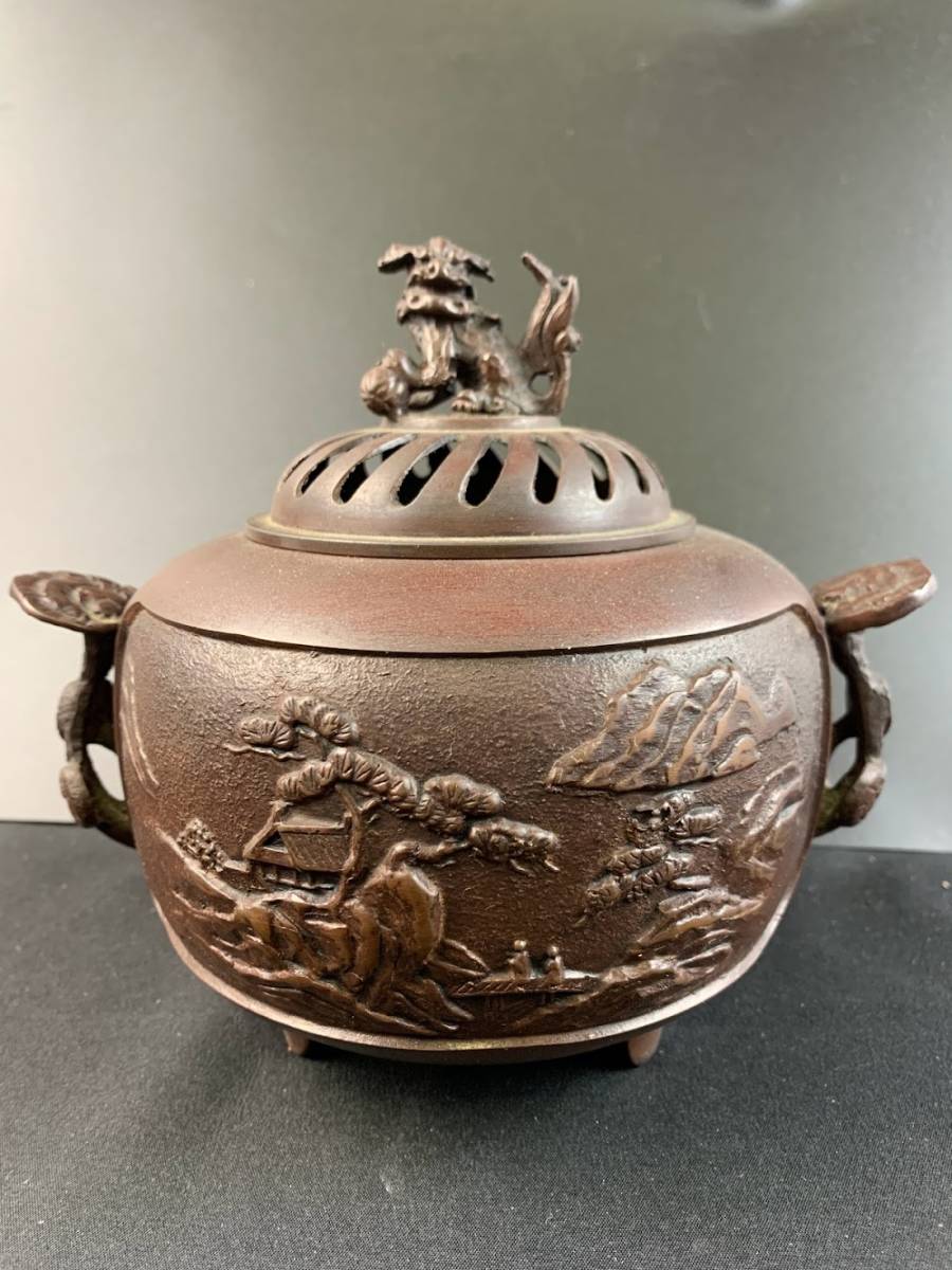 凛】 ☆時代 斑紫銅 「太鼓に鶏」 香炉☆