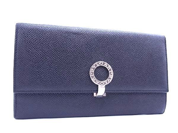 1円 ■美品■ BVLGARI ブルガリブルガリ レザー 二つ折り 長財布 ウォレット メンズ ブラック系 AB7528XM