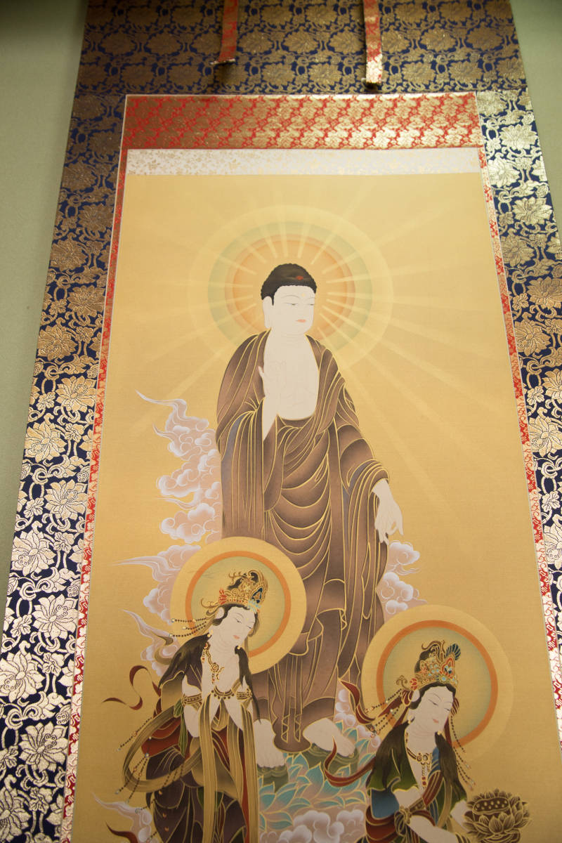 真作 松井玲二 三尊仏 /絹本仏表具/阿弥陀三尊/玉峰 百鶴 /蓬莱山百鶴