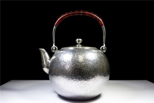 純銀細工 銀瓶 薬缶 銀蓋 鉄取手 純銀刻印 保証 湯沸 やかん 高