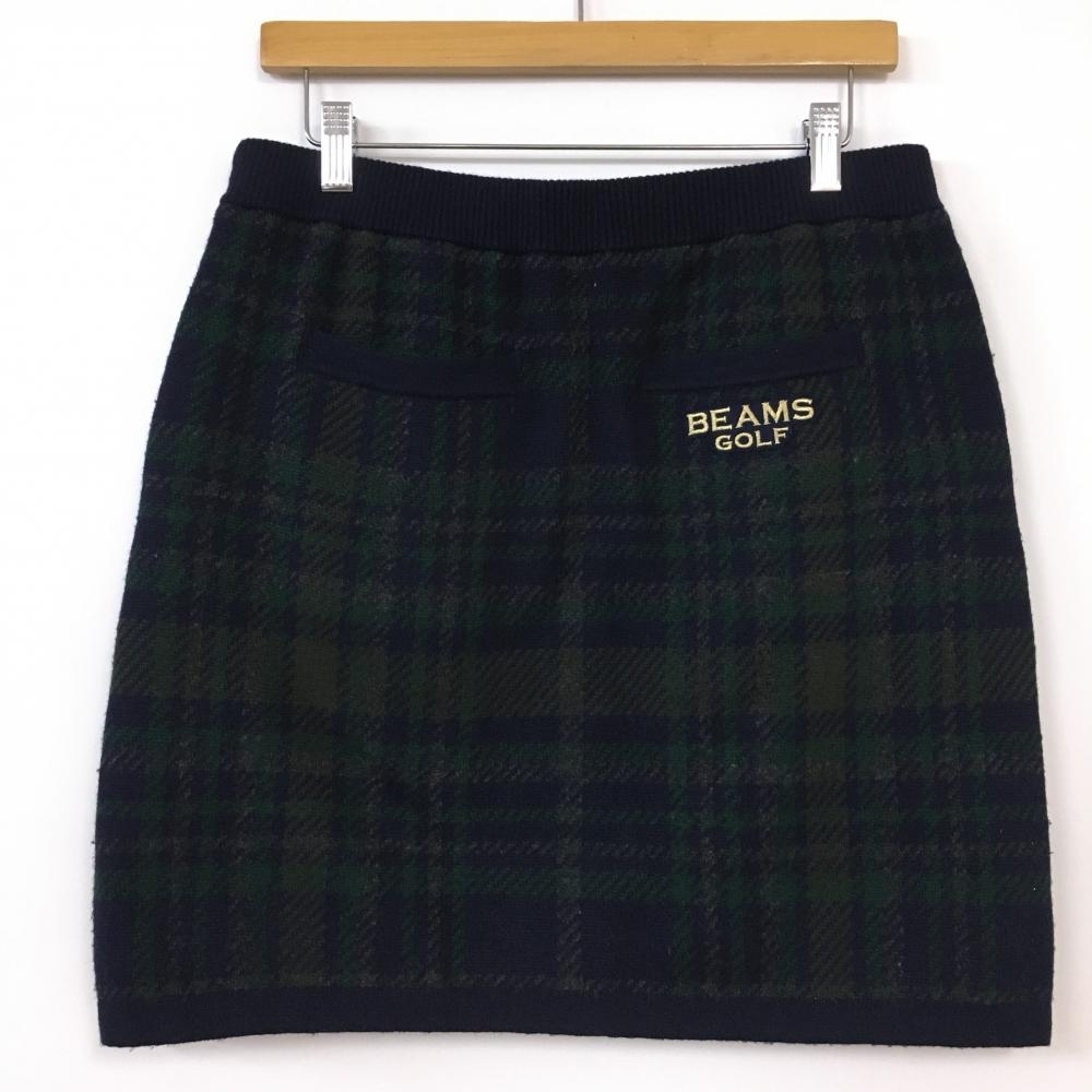 【美品】BEAMS GOLF ビームスゴルフ ニットスカート ネイビー×グリーン チェック 裏地付き ウェストゴム レディース L ゴルフウェア