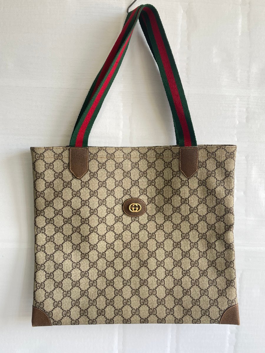 MI0407-78I ゆうパック着払い GUCCI トートバッグ GG柄 シェリーライン 002.63.0048 PVC ブラウン系 グッチ ...
