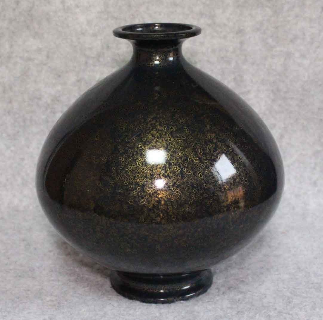 銅花器d74]□花瓶 象嵌紫陽花図 □□20.5cm 在銘 喜 アジサイ図 草花文