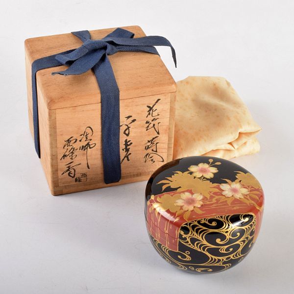 茶道具 蒔絵師 西條一斎作 花筏蒔絵 平棗 共箱 VKFN