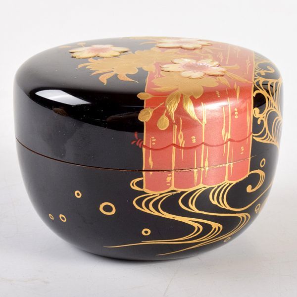 茶道具 蒔絵師 西條一斎作 花筏蒔絵 平棗 共箱 VKFN