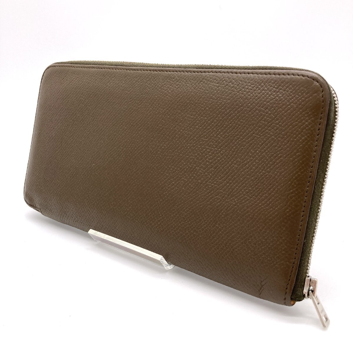 1円 美品 HERMES エルメス 長財布 アザップロング シルクイン □M刻印 ヴォーエプソン ヴェールオリーブ レディース メンズ　【8-5】 HERMES エルメス アザップロング □Ｇ刻印HERMES SＶ金具 □M