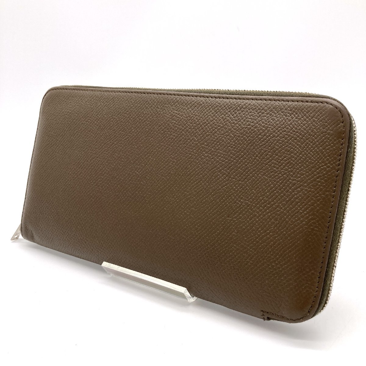1円 美品 HERMES エルメス 長財布 アザップロング シルクイン □M刻印 ヴォーエプソン ヴェールオリーブ レディース メンズ　【8-5】 HERMES エルメス アザップロング □Ｇ刻印HERMES SＶ金具 □M