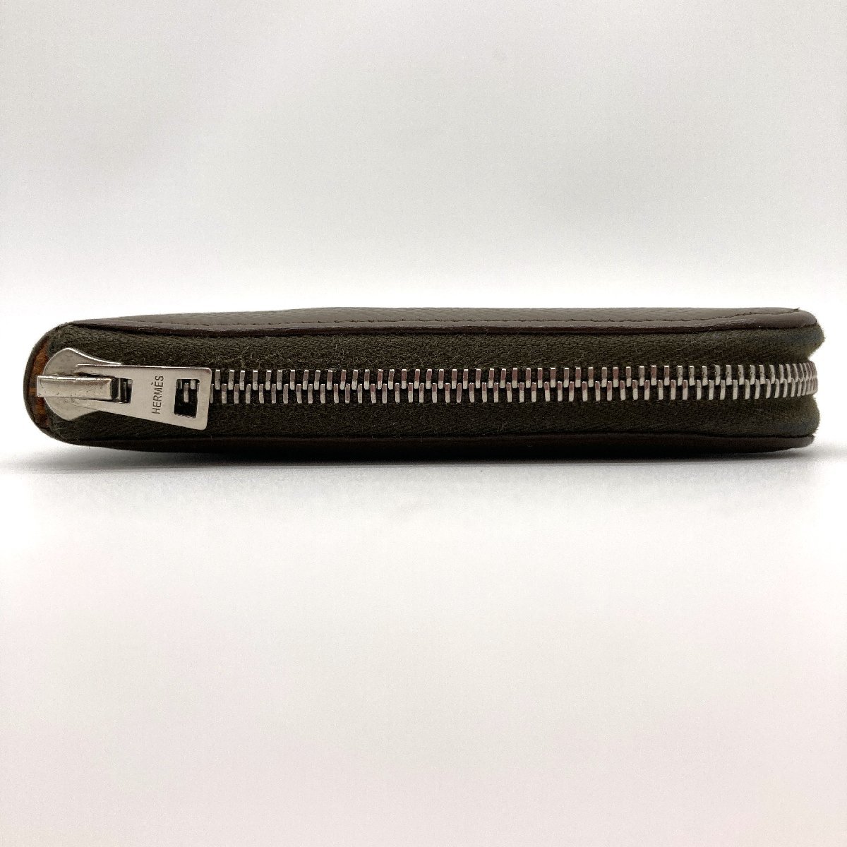 1円 美品 HERMES エルメス 長財布 アザップロング シルクイン □M刻印 ヴォーエプソン ヴェールオリーブ レディース メンズ　【8-5】 HERMES エルメス アザップロング □Ｇ刻印HERMES SＶ金具 □M
