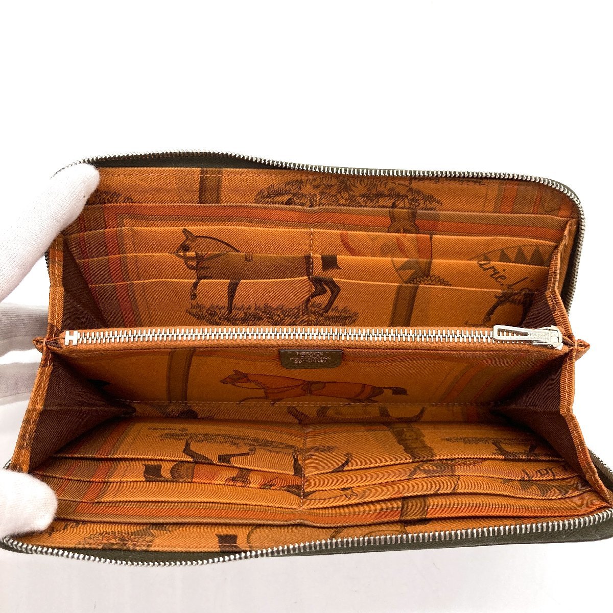 1円 美品 HERMES エルメス 長財布 アザップロング シルクイン □M刻印 ヴォーエプソン ヴェールオリーブ レディース メンズ　【8-5】 HERMES エルメス アザップロング □Ｇ刻印HERMES SＶ金具 □M
