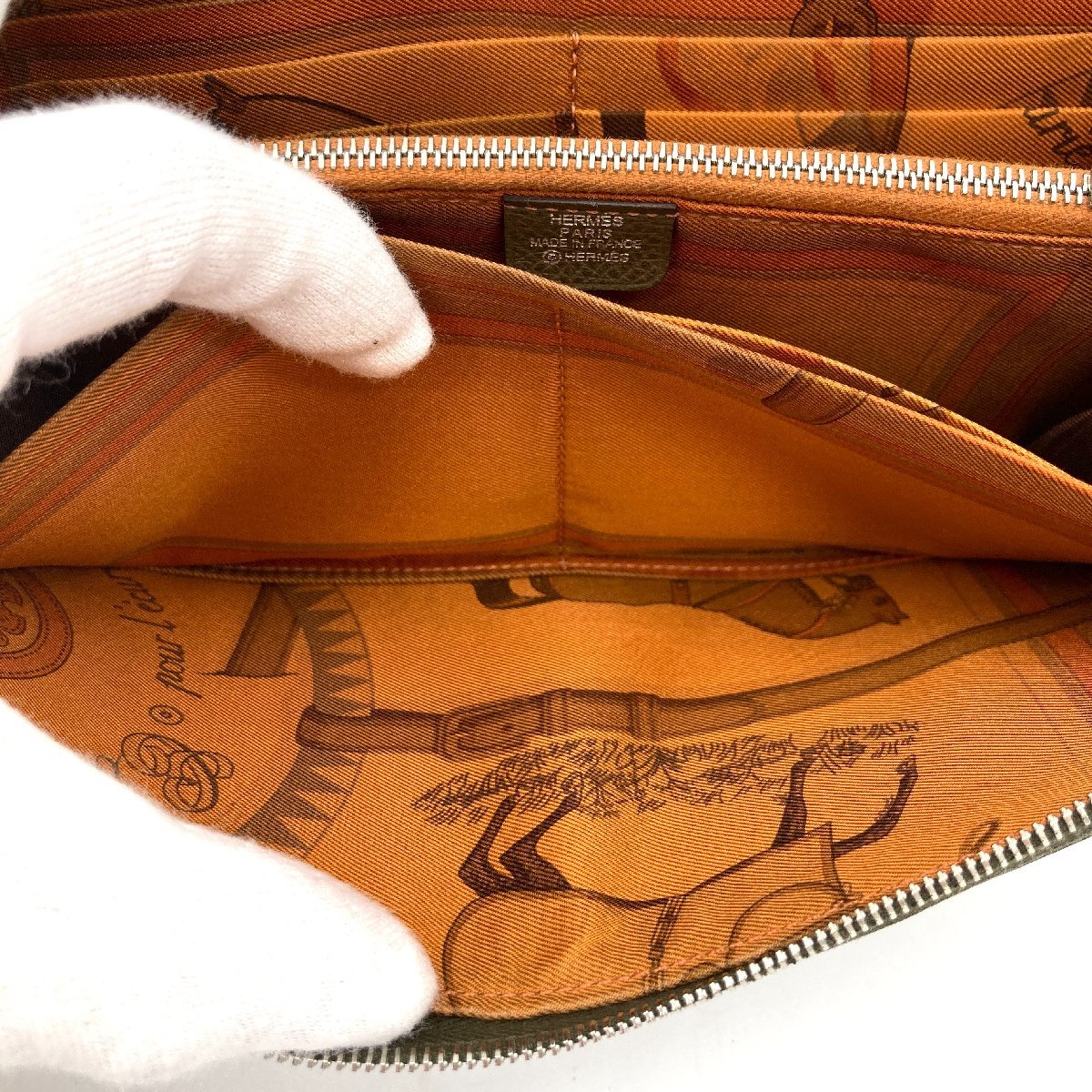 1円 美品 HERMES エルメス 長財布 アザップロング シルクイン □M刻印 ヴォーエプソン ヴェールオリーブ レディース メンズ　【8-5】 HERMES エルメス アザップロング □Ｇ刻印HERMES SＶ金具 □M