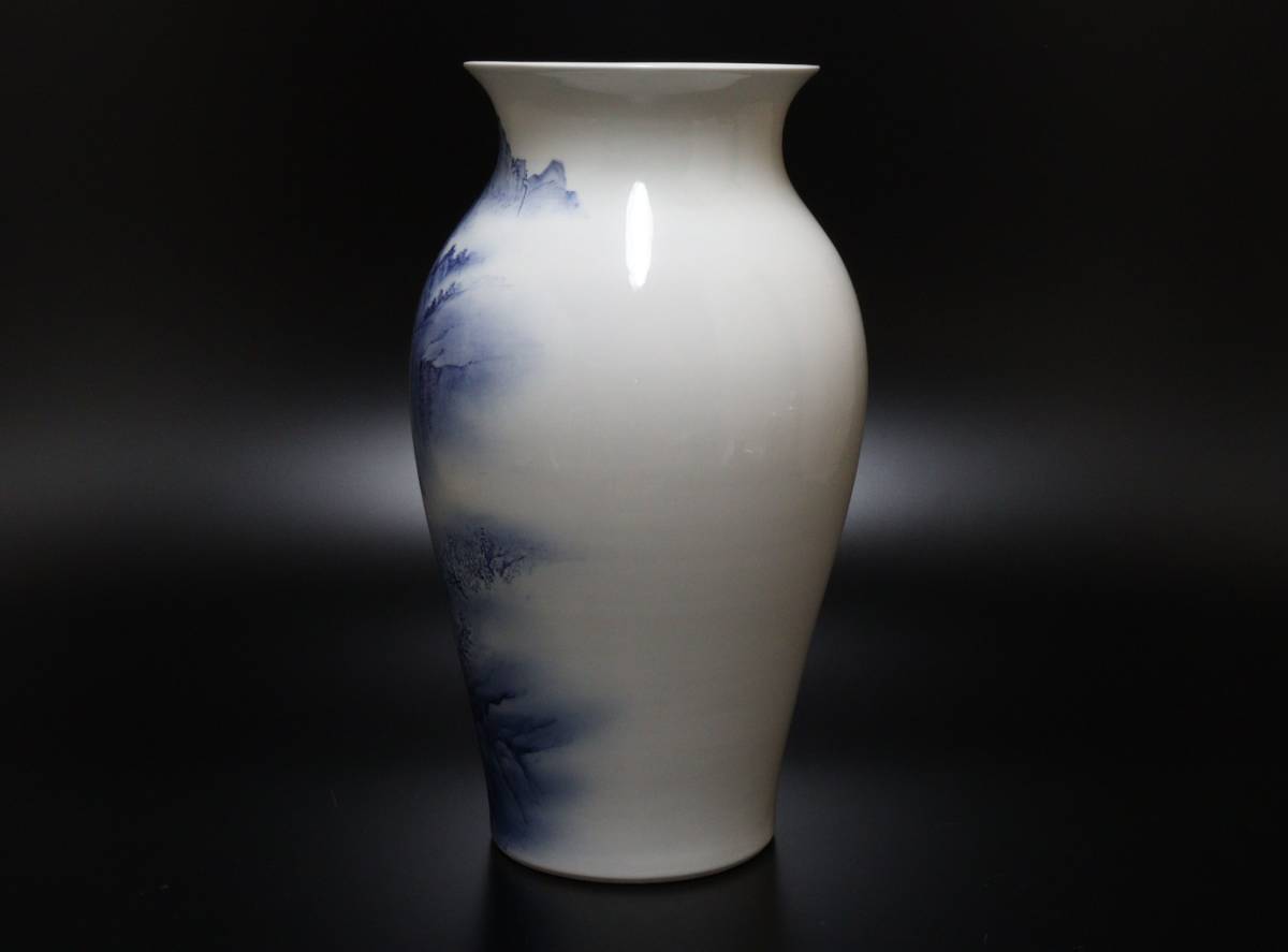 砥部焼 染付山水図花瓶 中元竹山作 花瓶 飾り壷 供箱 L252 21KjD6xEuzL