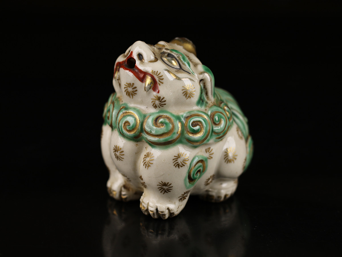 C8595 江戸時代 【野々村仁清】造 京焼色絵獅子 水滴／箱付 美品N！r 