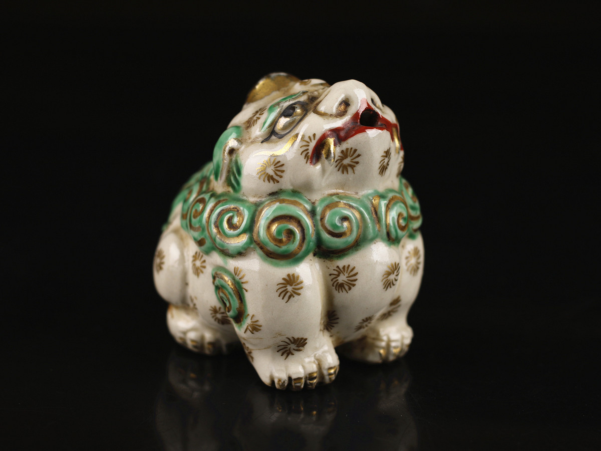 C8595 江戸時代 【野々村仁清】造 京焼色絵獅子 水滴／箱付 美品N！r