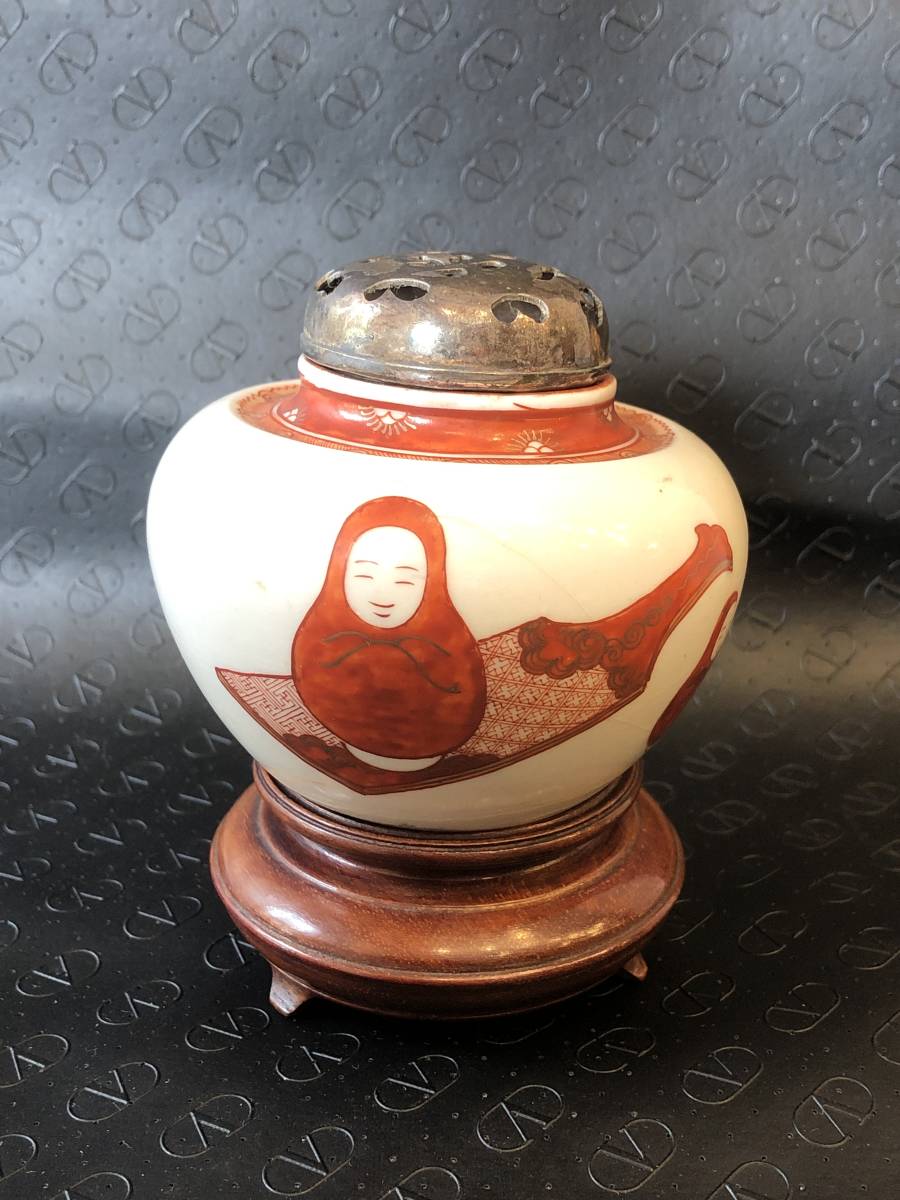 大珍品江戸-明治 庄三銘 古九谷 赤絵金彩 羽子だるま 図 香炉 香櫨 純銀
