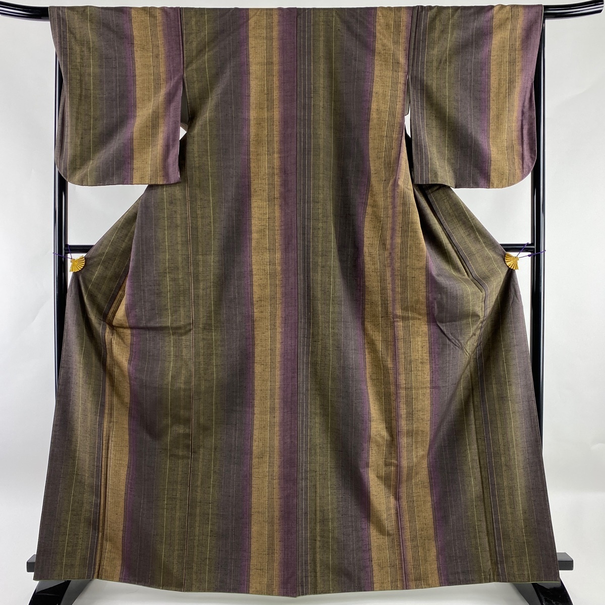結城紬 美品 名品 証紙 縞 紫 袷 166cm 67cm M 正絹 【中古 