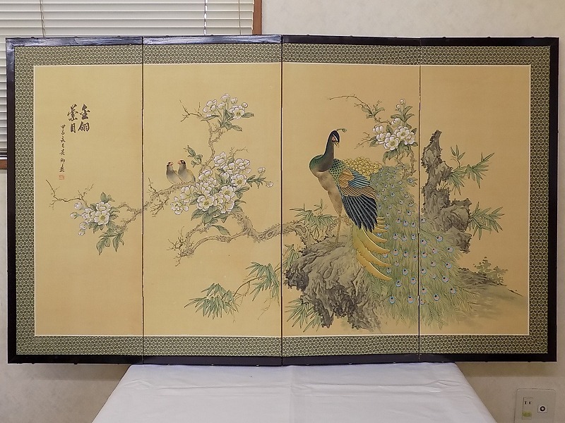  d412 技工名品 中国古渡 黄卿銘 花鳥 孔雀図 屏風 高さ 約90㎝ 四曲半双 絹本肉筆 小屏風 唐物 古玩 中国美術(屏風)｜売買されたオークション情報、yahooの商品情報をアーカイブ公開 - オークフ 屏風