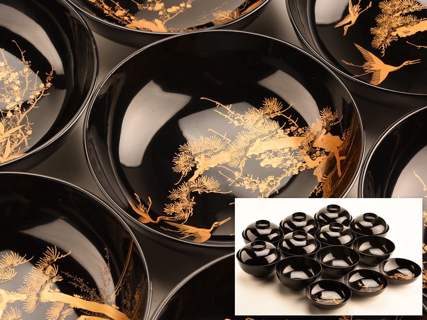  流 茶懐石道具 黒塗図替風景鶴蒔絵吸物椀十客 箱付 KJ177(椀)｜売買されたオークション情報、yahooの商品情報をアーカイブ公開 - オークファン 椀