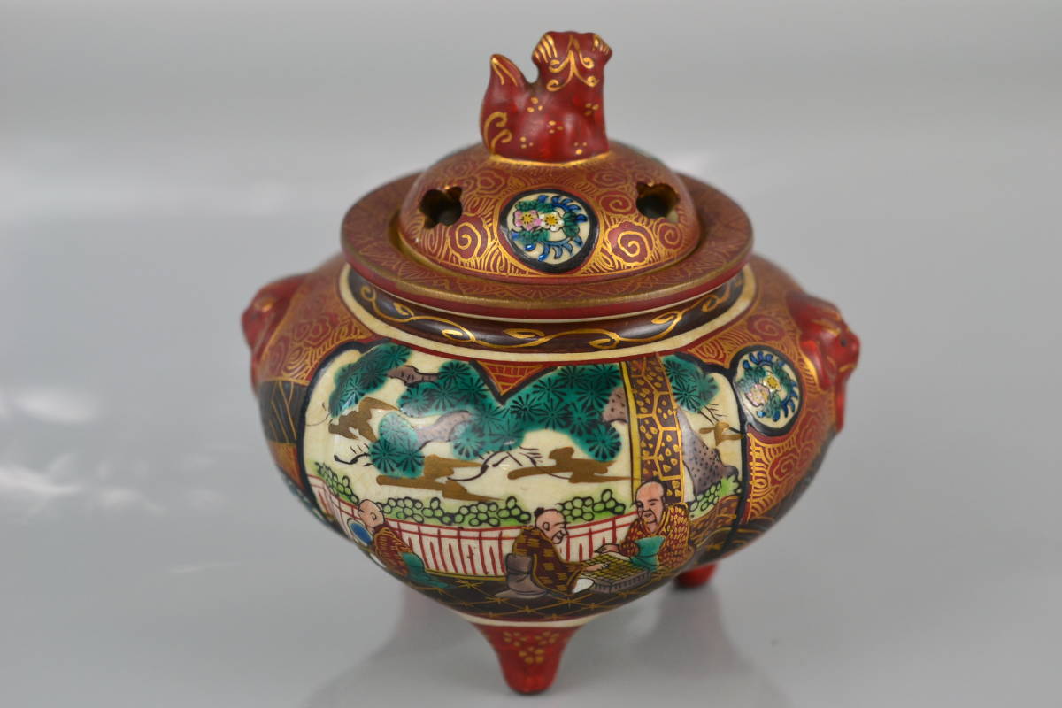 I) 九谷焼 庄三 造 在銘 香炉 香櫨 獅子耳彩色 平木瓜香