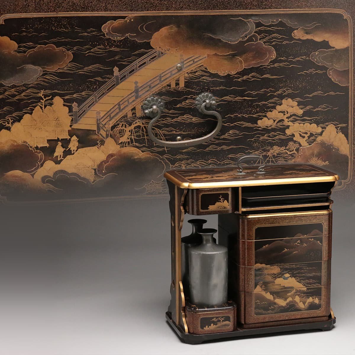 大名道具 金蒔絵 黒漆器 大サイズ 储物箱/茶几としても 骨董品 時代物 文化遺産オンライン 近江八景蒔絵行厨 - | 総梨子地 江戸 和骨董 日本
