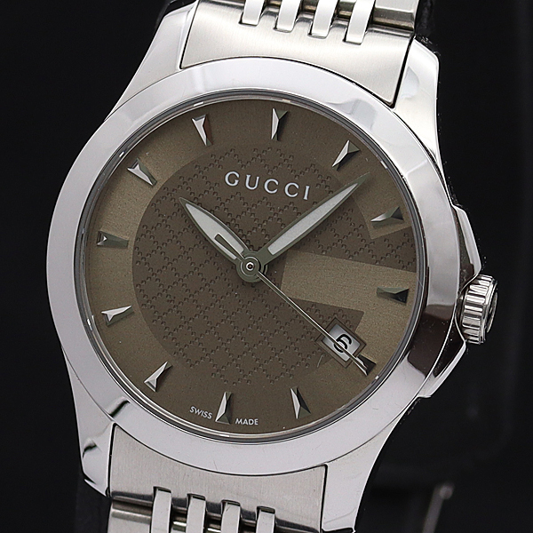 1円★稼働◎正規美品◎箱/保証書/コマ3付【グッチ】QZ 126.5 茶文字盤 デイト レディース腕時計 020A0267924