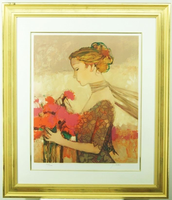 真作保証】リトグラフ 版画 EA 直筆サイン入 額装 美人画 今井幸子 花飾り