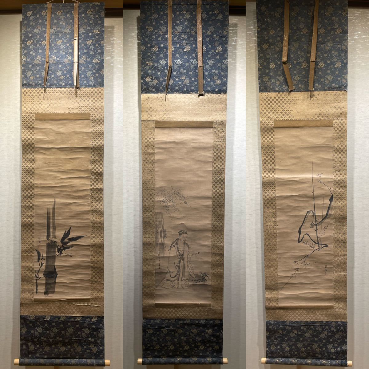 江戸前期狩野派狩野探幽 紙本水墨淡彩 人物三幅対 掛軸 共箱肉筆