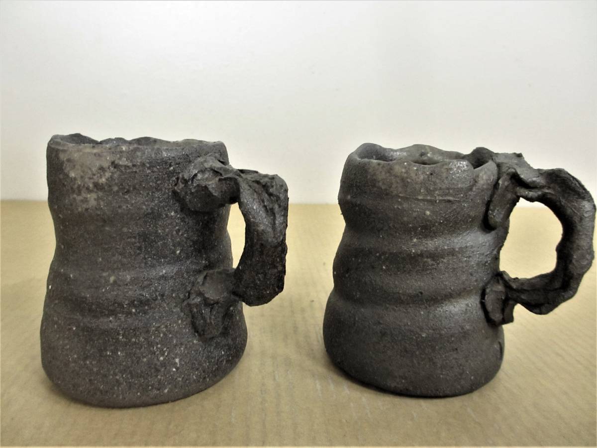 中山達磨 未使用 珠洲古窯 燻べ焼 ジョッキ 2客 ペア 栞付