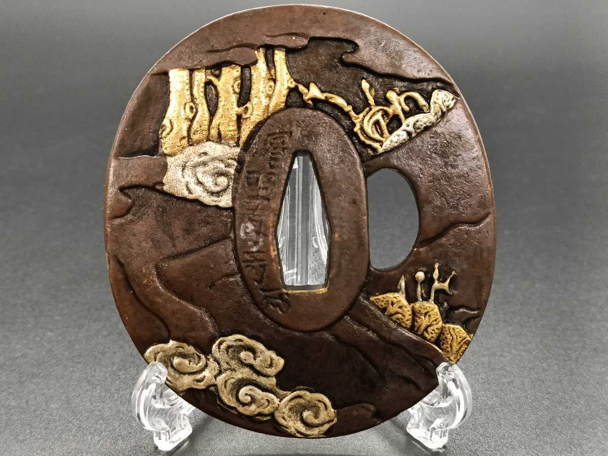 81567 日本刀装具 刀鍔 武将の図 銅地 細工 絵金銀 鍔 刀