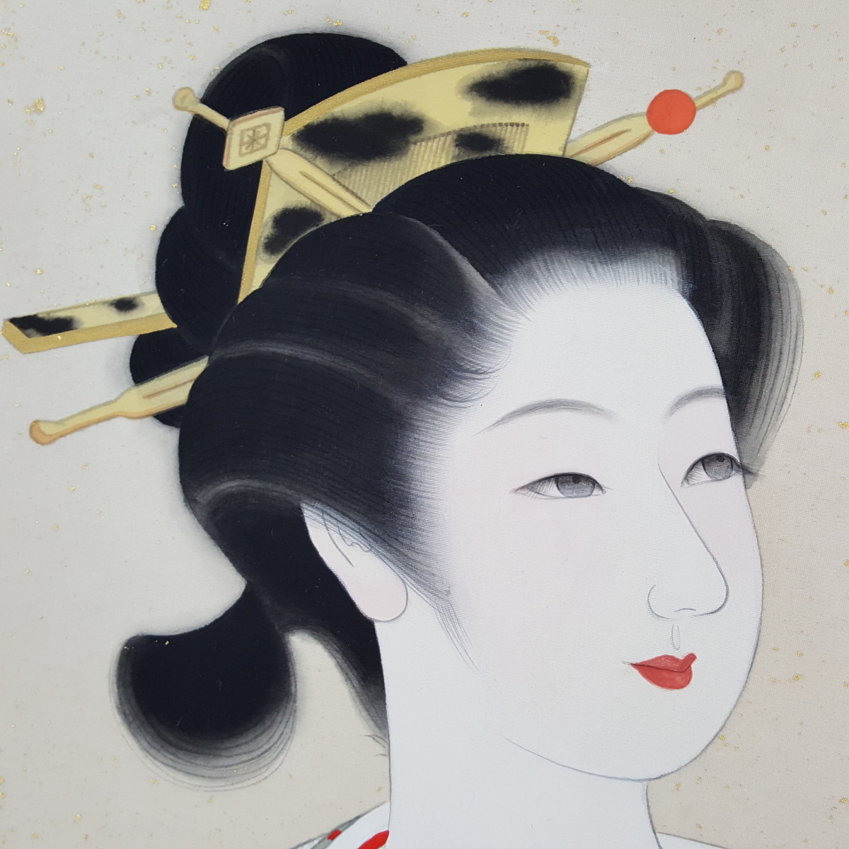 宝蔵】真作 佐藤光園 美人画 『お手毬』 日本画 10号 絹本 額装
