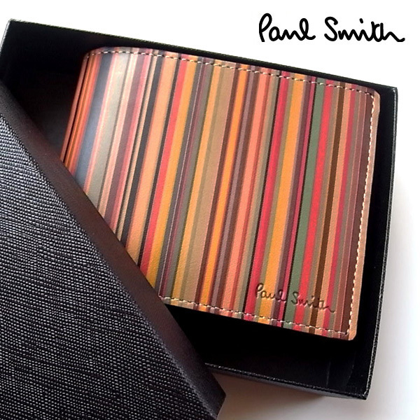 新品 ポールスミス Paul Smith ヴィンテージマルチカラー マルチ ストライプ 牛革 レザー二つ折り財布 小銭入れ有 本革 黒■PSY354-70 Paul ポールスミス Smith paul smith 長袖シャツマルチカラー