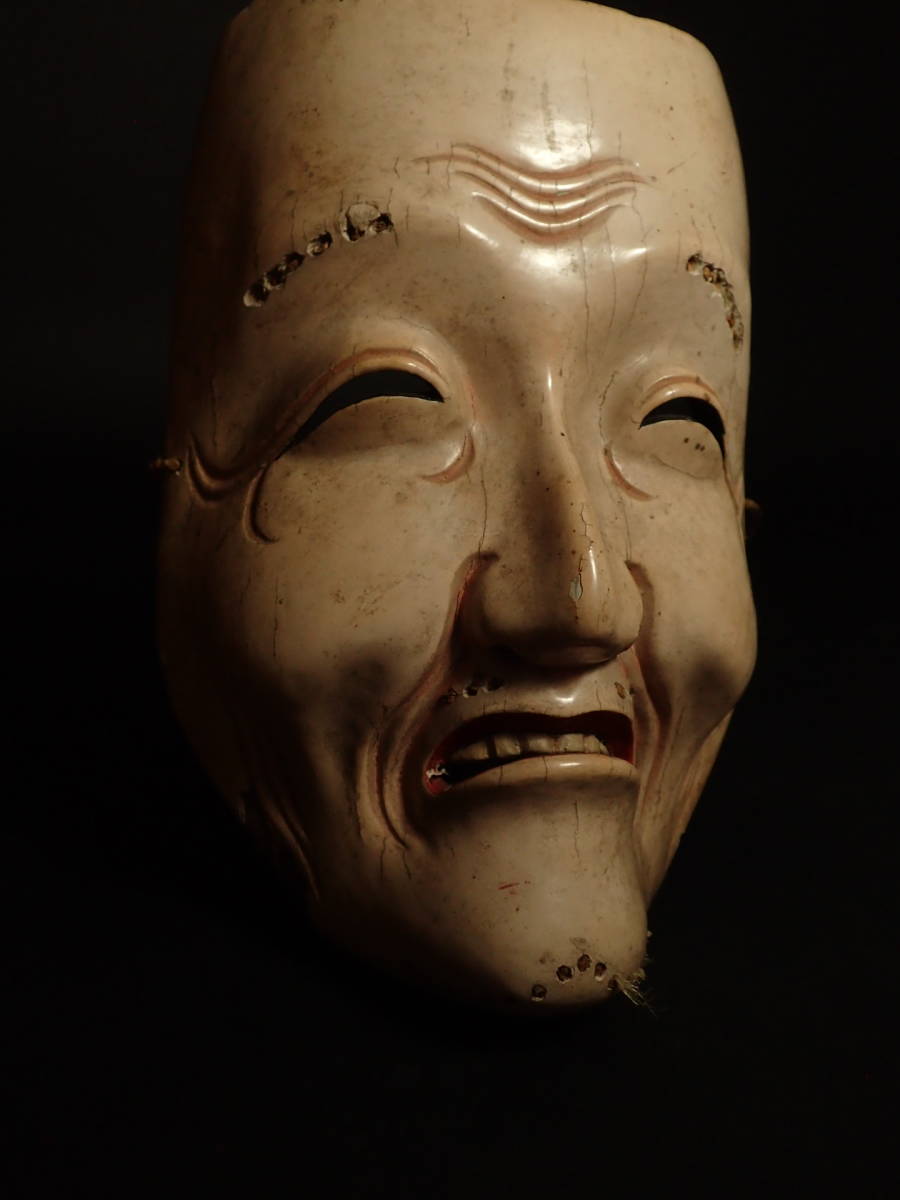 BB-366 江戸時代 能面 爺 木彫能面 古面 彩色 桐箱 神楽面 狂言面 江戸